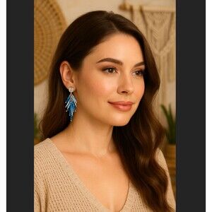 J. Jill Blue Beaded Layered Fringe Hammered Silver Post Drop Dangle Earrings NWT